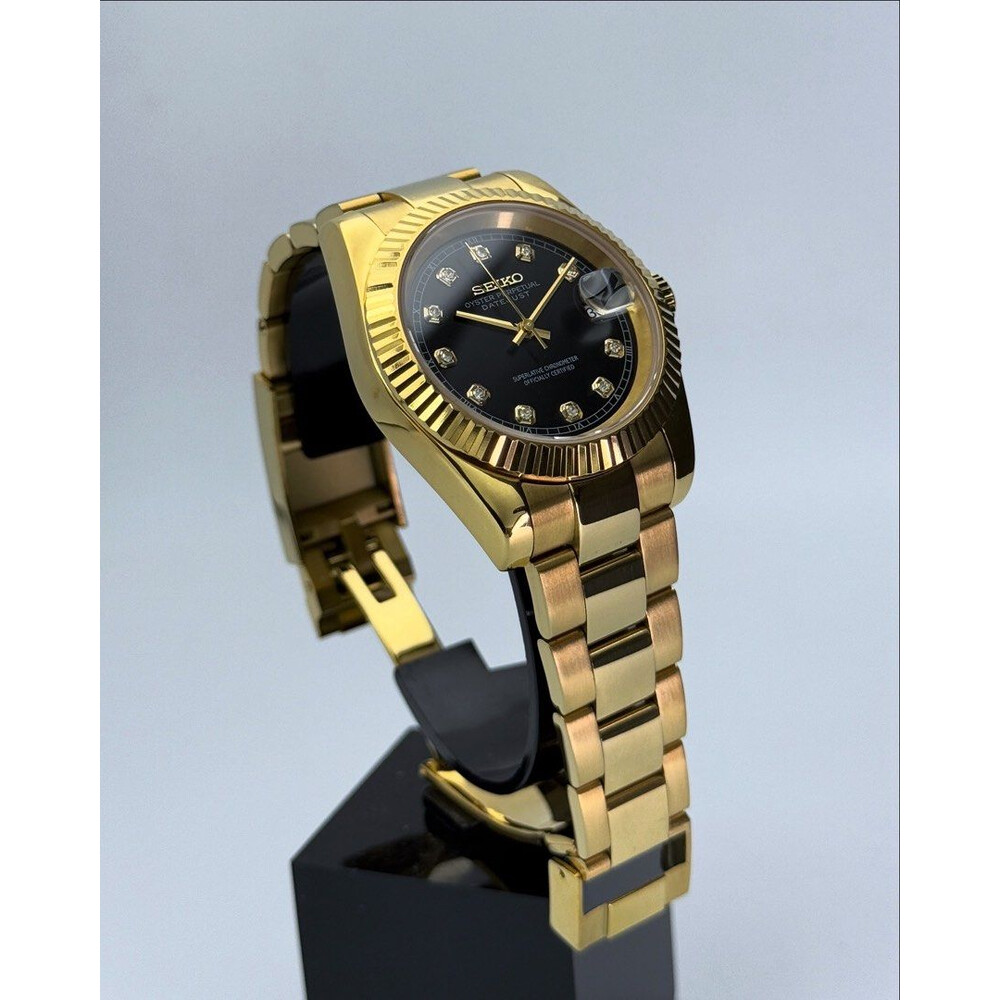 Custom Seiko Mod • Black Diamond Gold Datejust • 39mm - E&S Watches